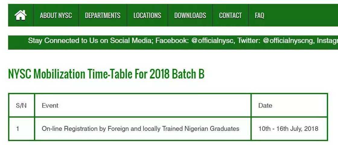 When is NYSC 2018 batch B registration