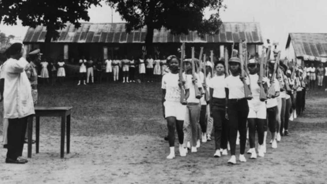 A parade of young militia women of the civil defence during a military training on August 17, 1967, in Enugu
