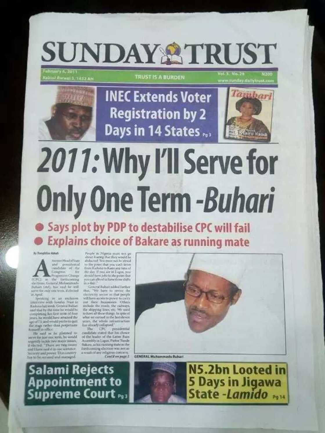 Ba zan nemi tazarce ba inji Janar Buhari da bakin sa a 2011