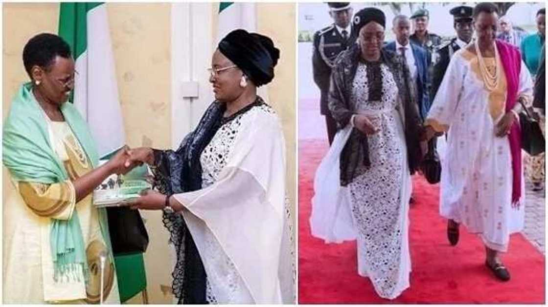 Labari cikin Hotuna: Aisha Buhari ta sanya rigar Dalar Amurka 4490 a wajen tarbar shugaban kasar Uganda da uwar gidansa