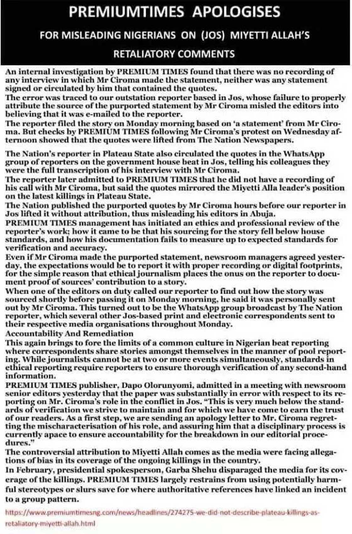 Premium Times apologizes for misleading Miyetti Allah statement Premium Times apologizes for misleading Miyetti Allah statement
