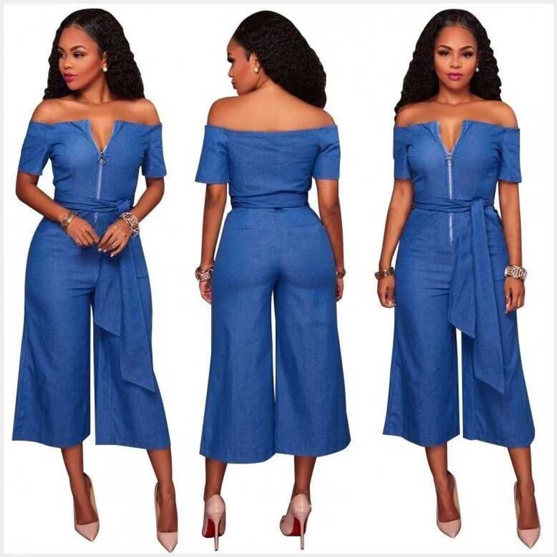 Plus size denim jumpsuit with open shoulders