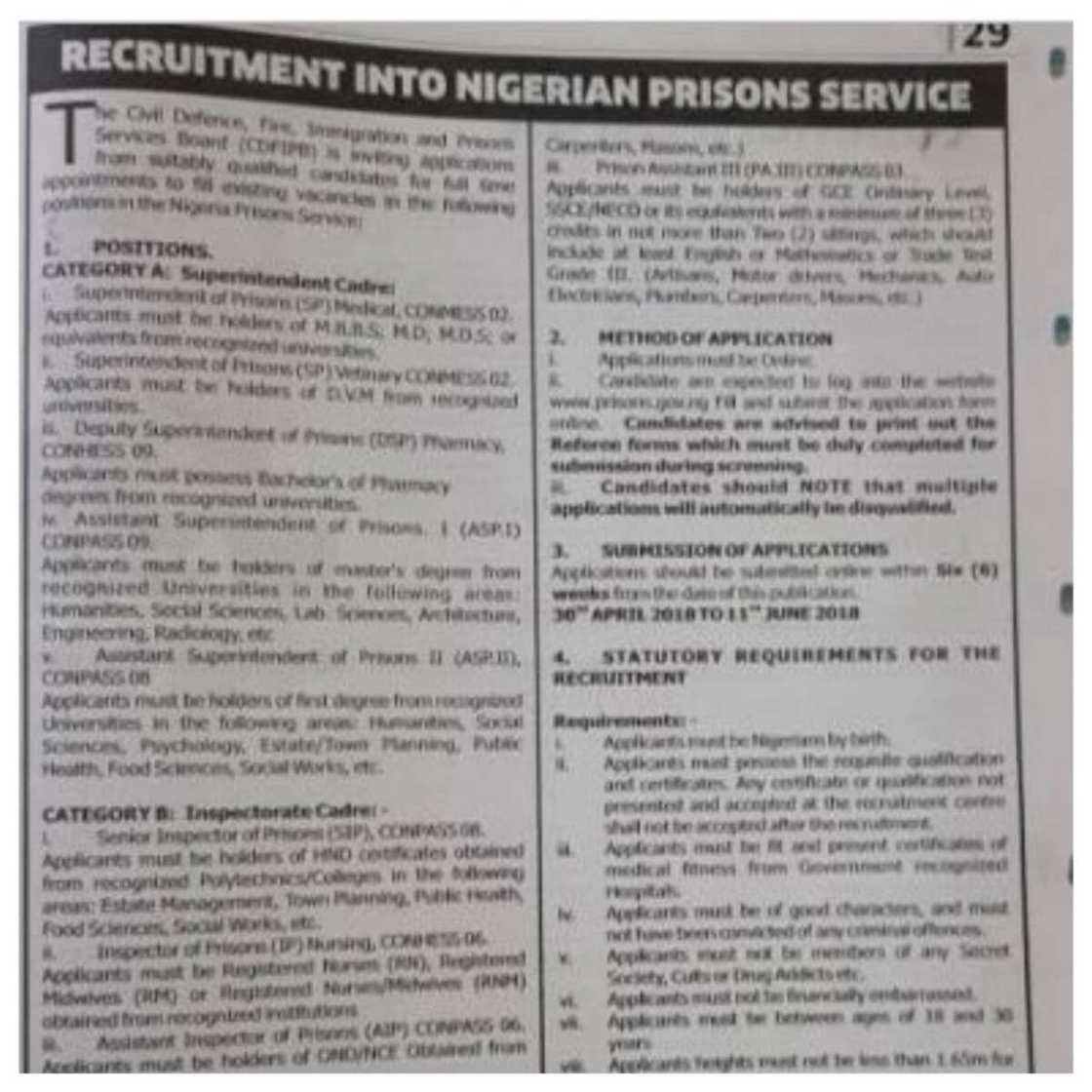 Opportunity: Nigeria Prison Service releases vacancies for BSc, HND, OND, SSCE certificate holders