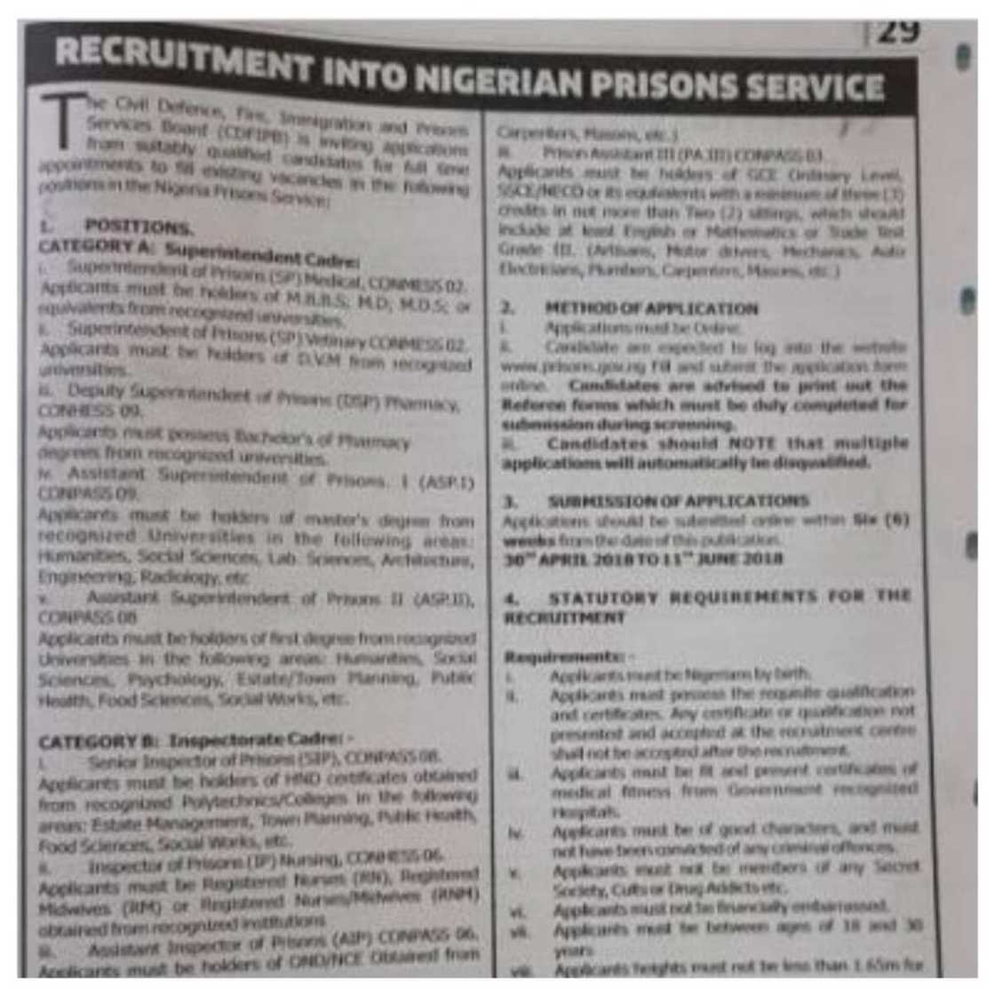 Opportunity: Nigeria Prison Service releases vacancies for BSc, HND, OND, SSCE certificate holders Opportunity: Nigeria Prison Service releases vacancies for BSc, HND, OND, SSCE certificate holders