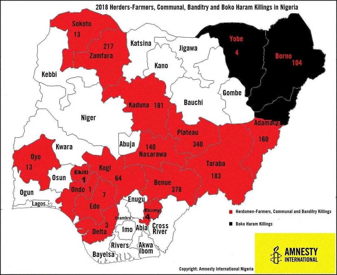 Jerin jihohi da yawan mutanen da aka kashe daga watan Junairu zuwa yau, game da binciken Amnesty International