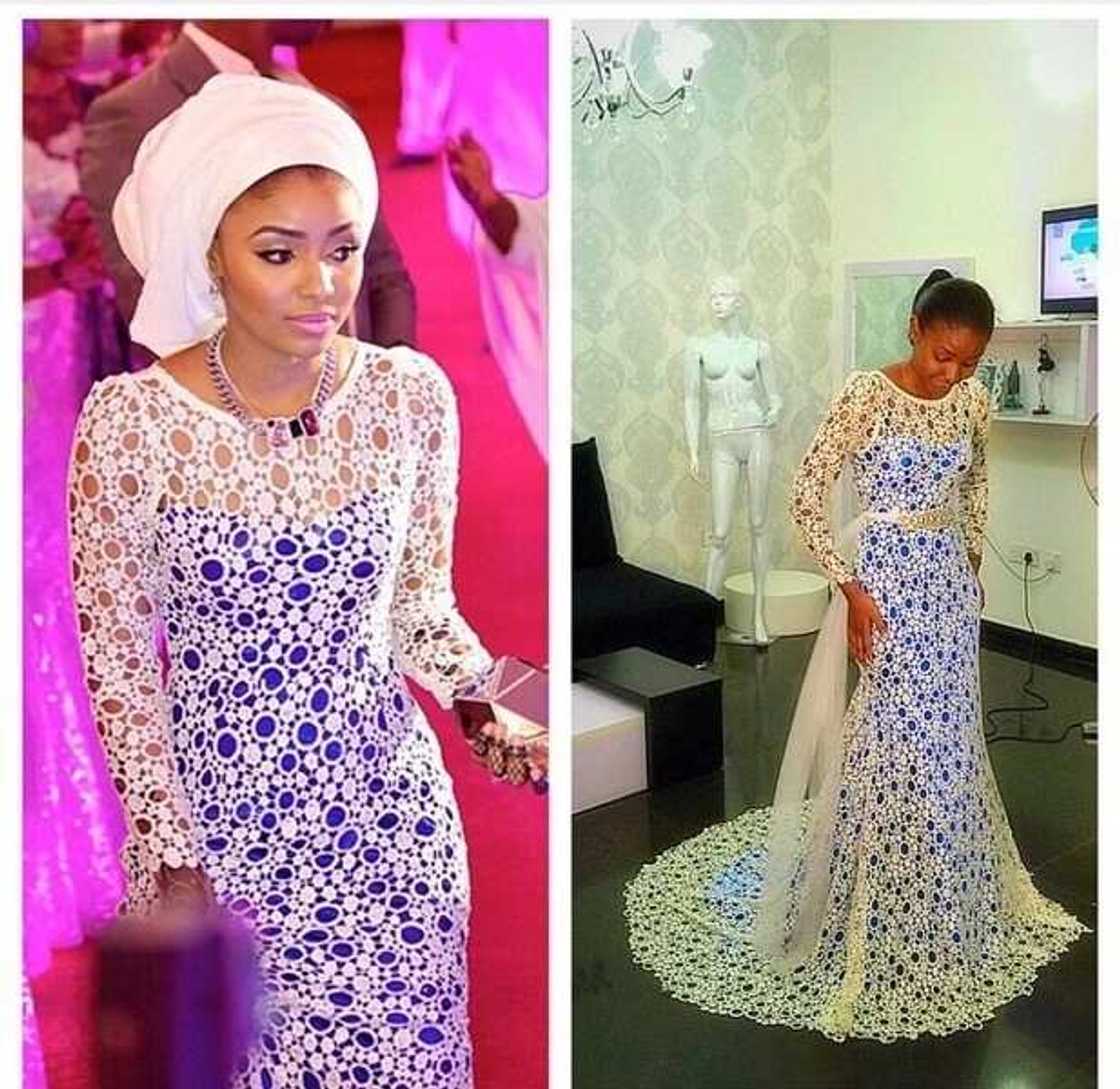 White cord lace festive gown with blue underdress White cord lace festive gown with blue underdress