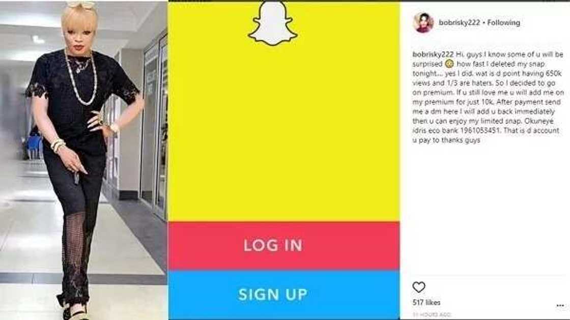 Bobrisky goes premium on Snapchat deletes his over 600k account Bobrisky goes premium on Snapchat deletes his over 600k account