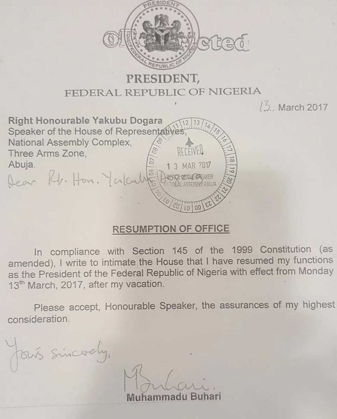 BREAKING: Senate reads President Buhari's resumption letter