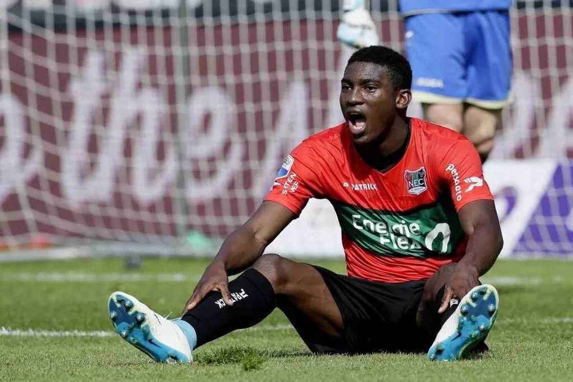 Taiwo Awoniyi in the colours of NEC Nijmegen in the Dutch topflight is expected to extend his Liverpool deal in the coming days. Photo Credit: Getty Images Taiwo Awoniyi in the colours of NEC Nijmegen in the Dutch topflight is expected to extend his Liverpool deal in the coming days. Photo Credit: Getty Images