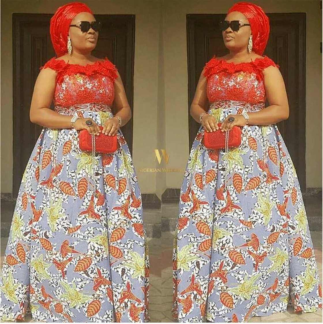 Ankara long gown with red lace decor Ankara long gown with red lace decor