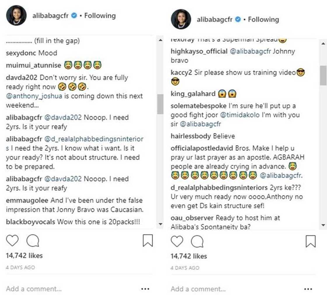 Comedian Alibaba challenges boxer Anthony Joshua as he shows off his bare chest Comedian Alibaba challenges boxer Anthony Joshua as he shows off his bare chest