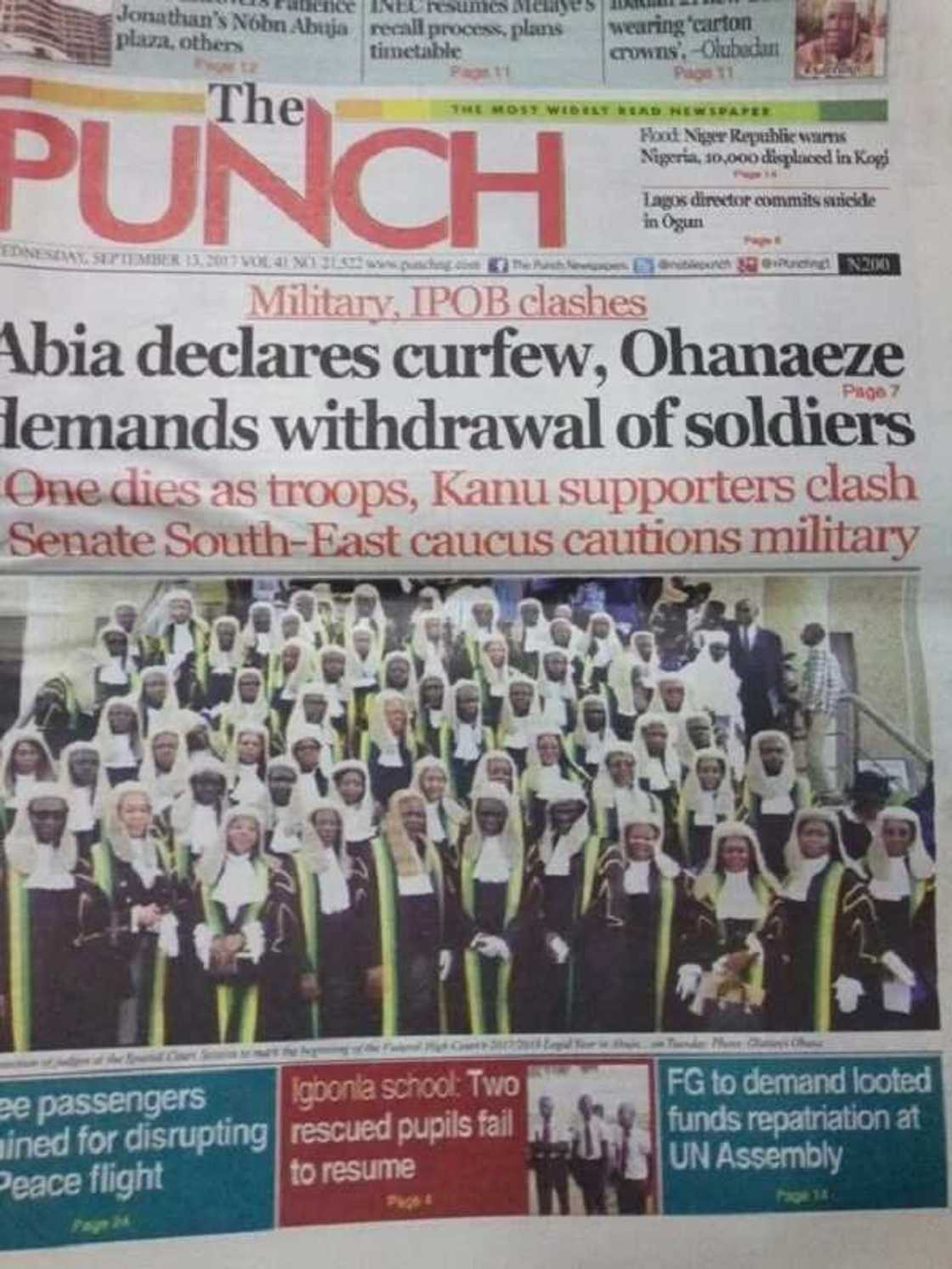 Punch newspaper of Wednesday, September 13. Photo credit: Legit.ng screenshot Punch newspaper of Wednesday, September 13. Photo credit: Legit.ng screenshot