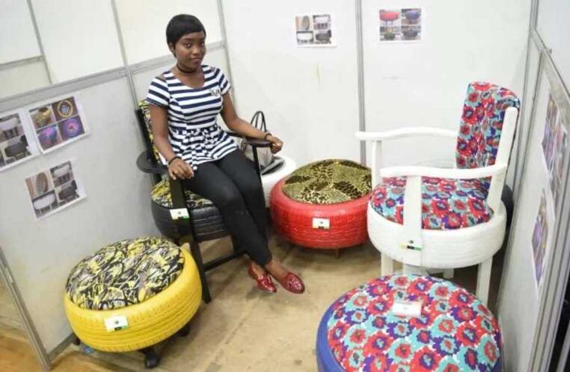 Meet talented Nigerian girl who creates pieces of furniture using already used tyres (photo) Meet talented Nigerian girl who creates pieces of furniture using already used tyres (photo)