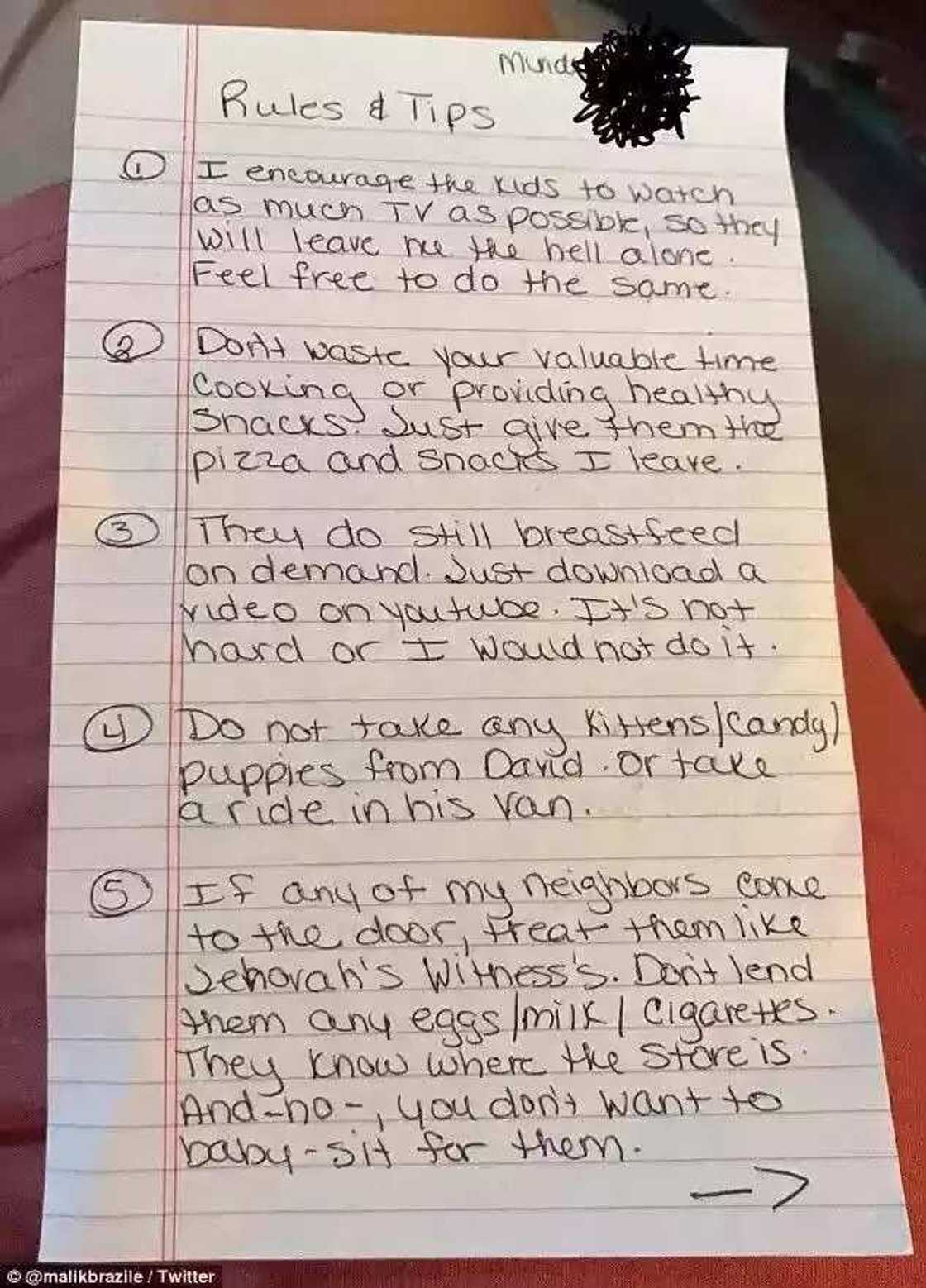 See the handwritten rules a no-nonsense mum left for her baby-sitter See the handwritten rules a no-nonsense mum left for her baby-sitter