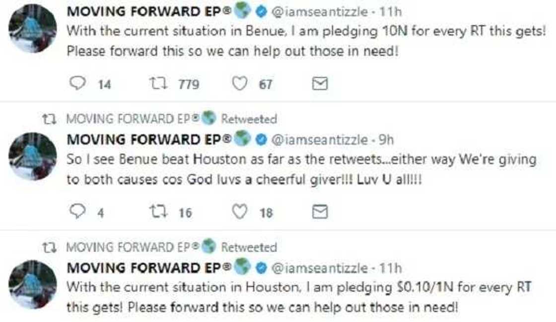 Singer, Sean Tizzle, offers to pay N10 for every retweet he gets for his tweet on Benue flood Singer, Sean Tizzle, offers to pay N10 for every retweet he gets for his tweet on Benue flood