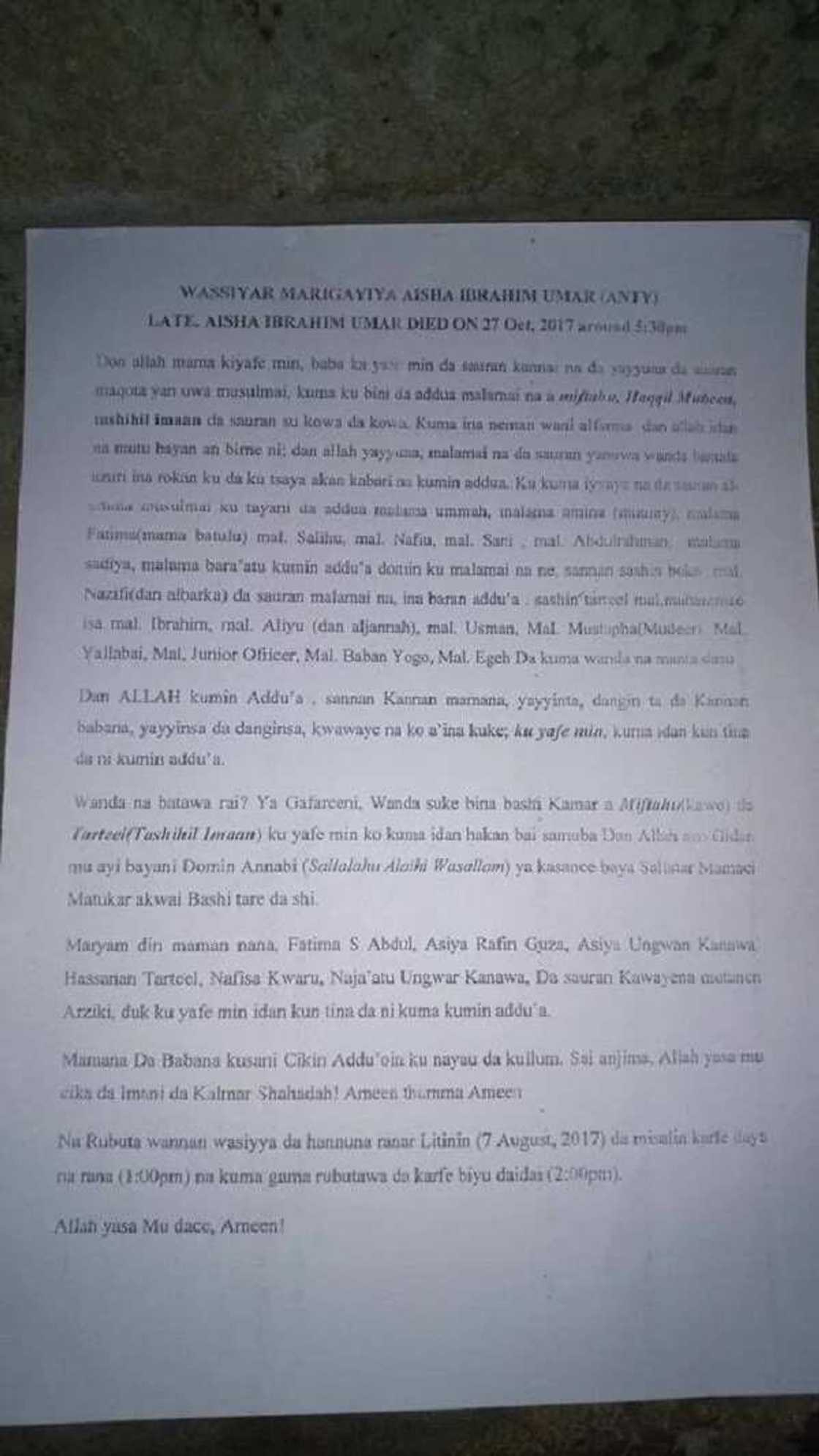 Wasiyyar wata yar shekaru 16 da haihuwa gabanin da rasuwarta a Kaduna (Hotuna) Wasiyyar wata yar shekaru 16 da haihuwa gabanin da rasuwarta a Kaduna (Hotuna)