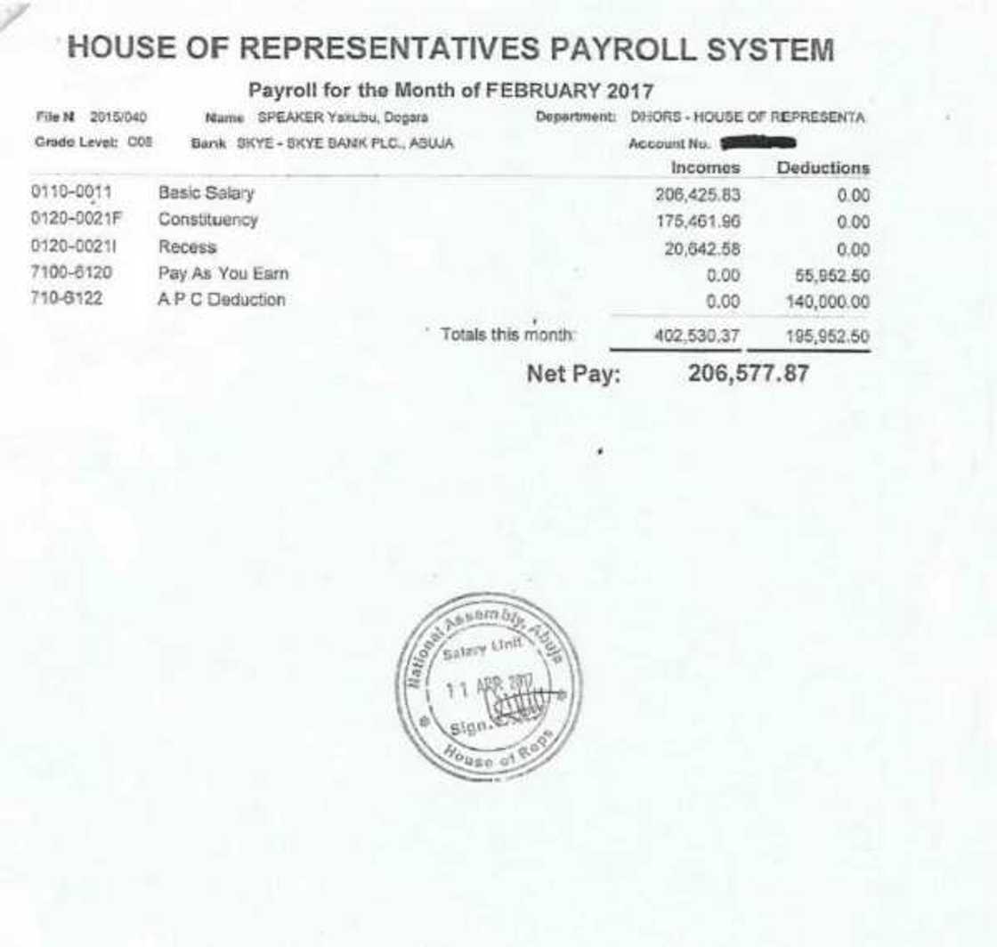 Dogara's February pay slip Dogara's February pay slip