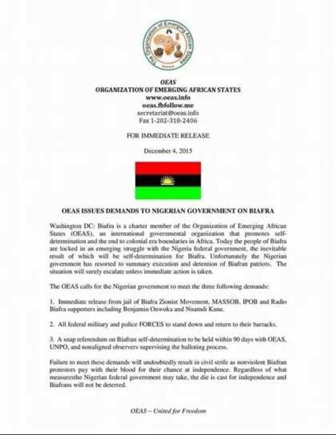 OAES Supports Biafra's Secession, Demands Release Of Its Activists OAES Supports Biafra's Secession, Demands Release Of Its Activists