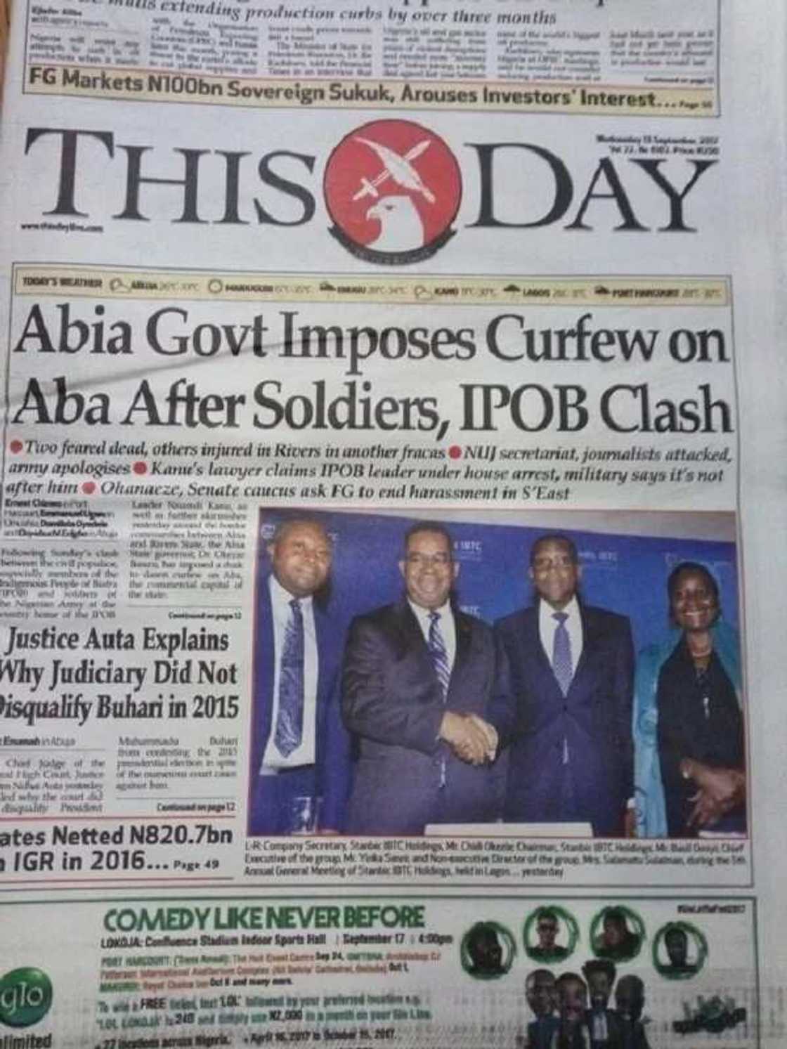 Thisday Newspaper of Wednesday, September 13. Photo credit: Legit.ng screenshot Thisday Newspaper of Wednesday, September 13. Photo credit: Legit.ng screenshot