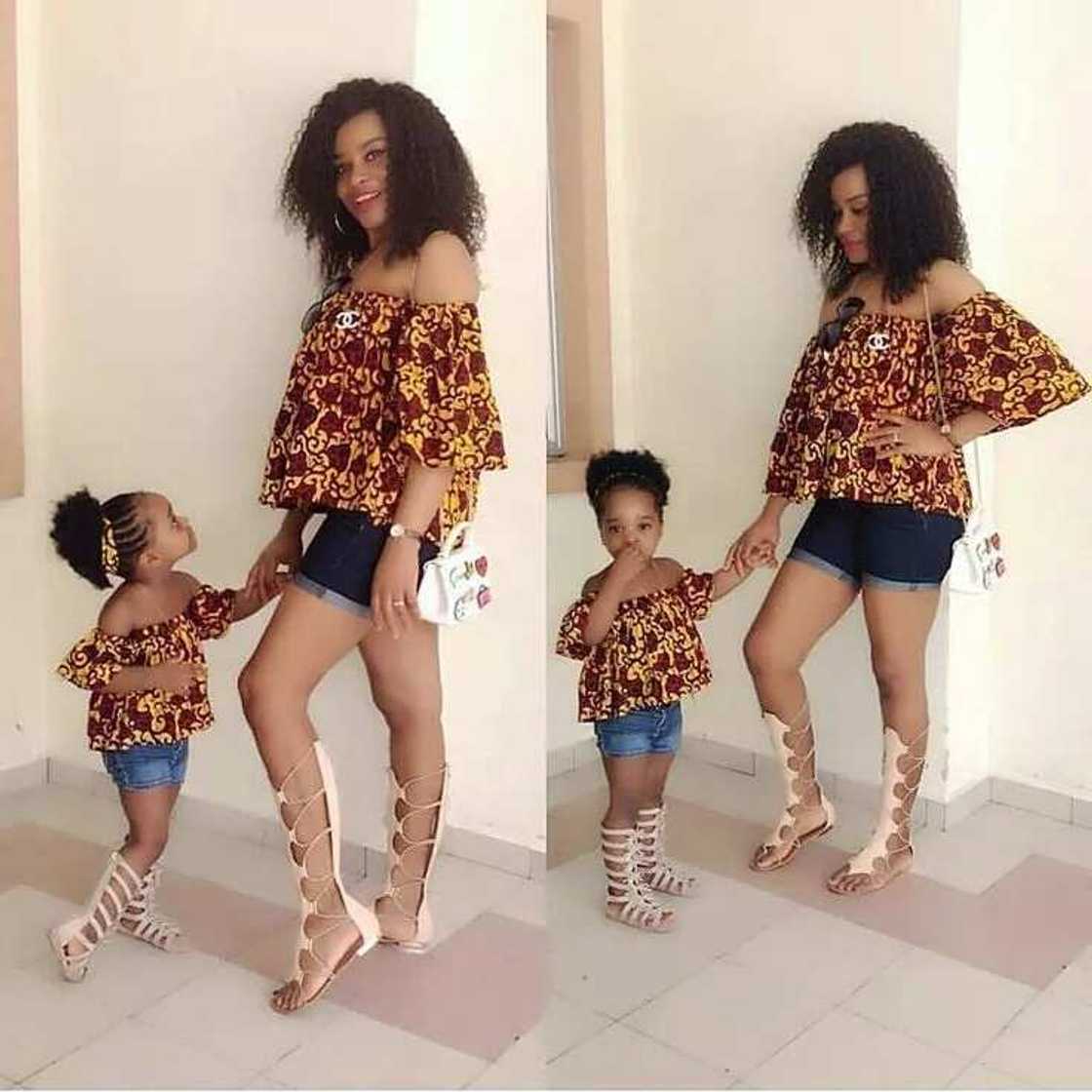 Ankara tops and denim shorts for mother and daughter Ankara tops and denim shorts for mother and daughter