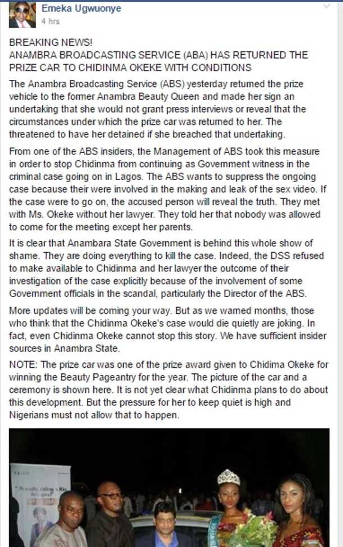 Ex-miss Anambra Chidinma Okeke finally given back her official car Ex-miss Anambra Chidinma Okeke finally given back her official car