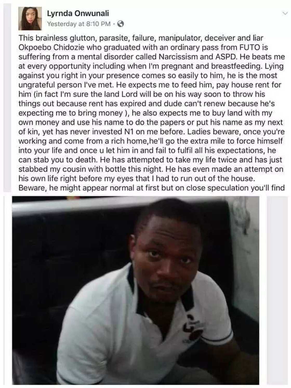 Lady calls out estranged husband on Facebook for being a woman beater (photos)