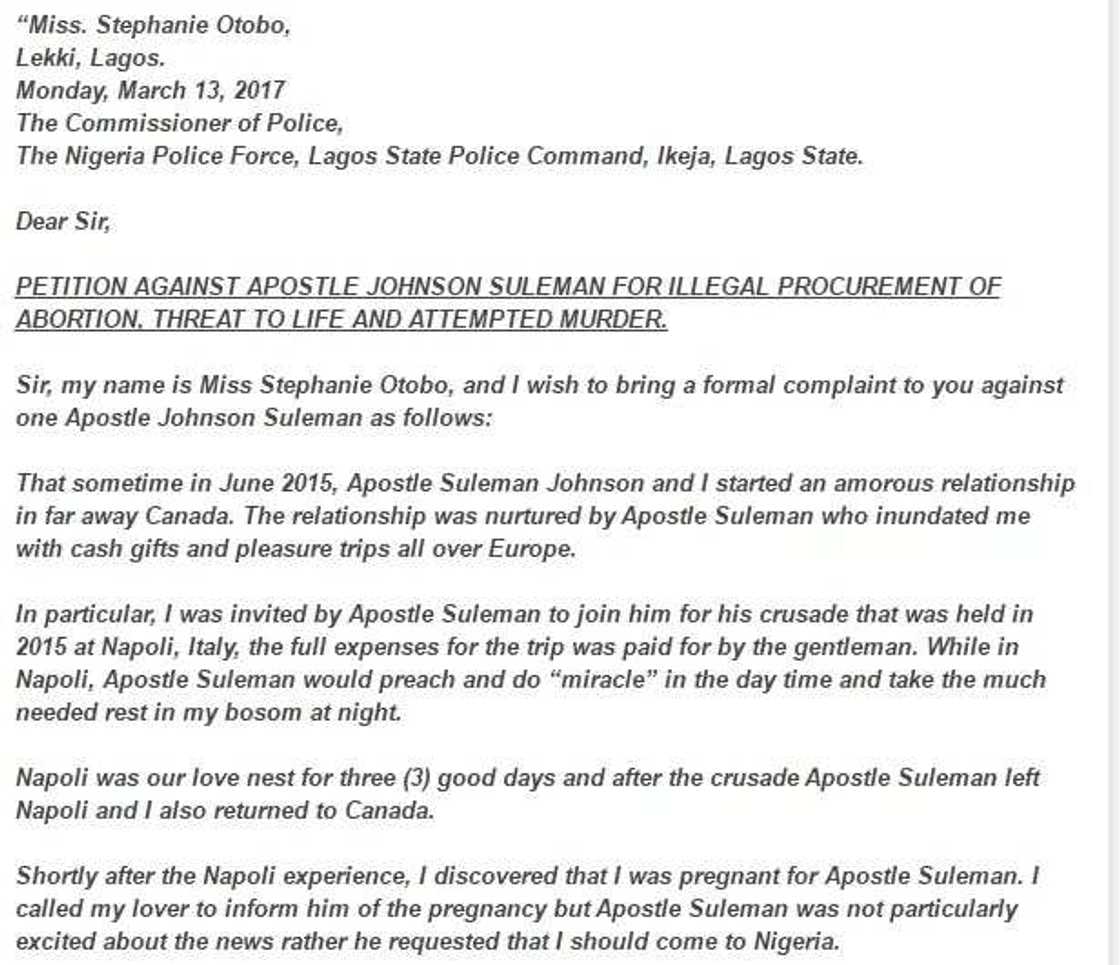Illegal Abortion: Stephanie Otobo Petitions Against Apostle Johnson Suleman Illegal Abortion: Stephanie Otobo Petitions Against Apostle Johnson Suleman