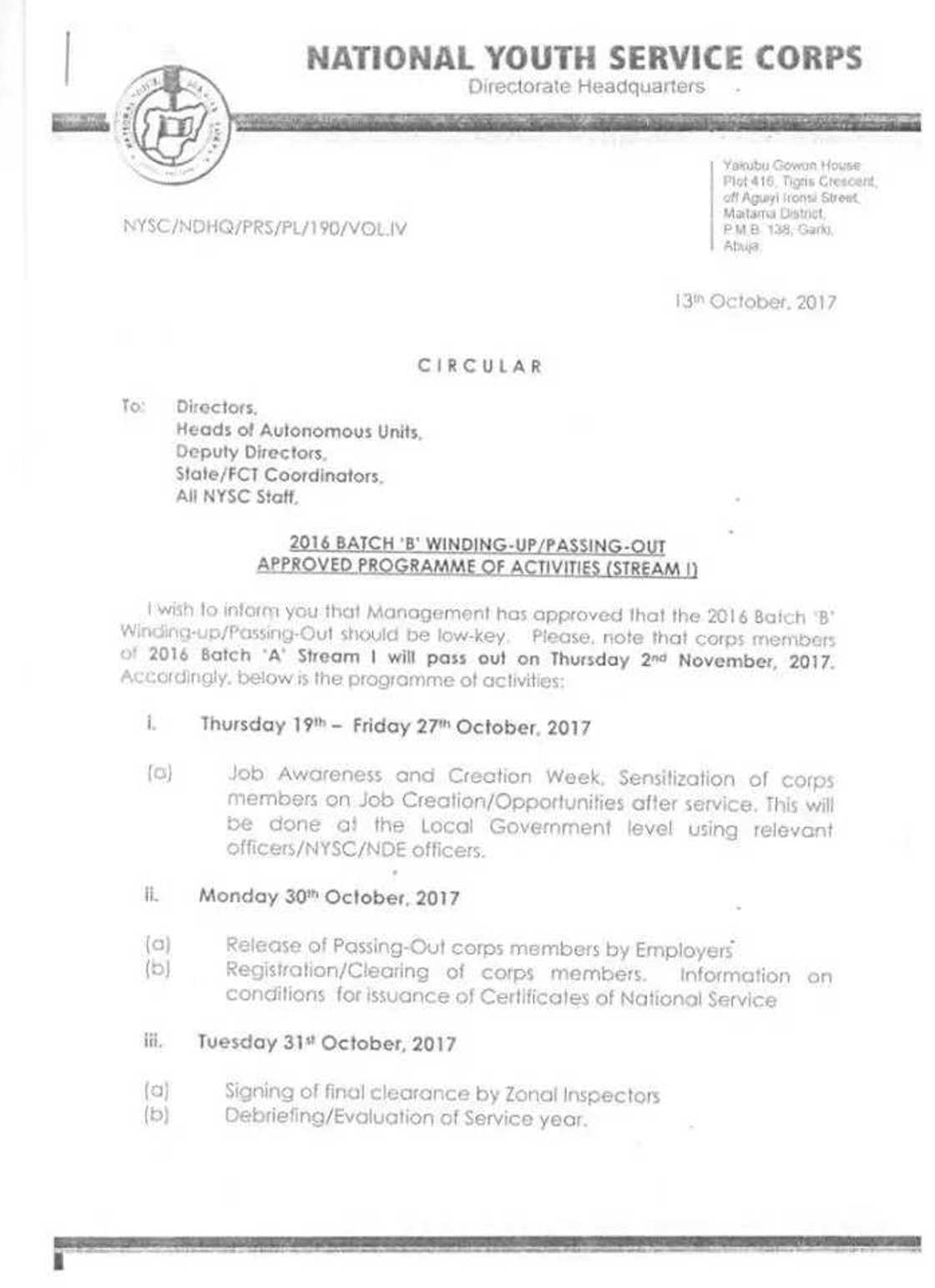 NYSC announces passing out date for 2016 Batch B corps members NYSC announces passing out date for 2016 Batch B corps members