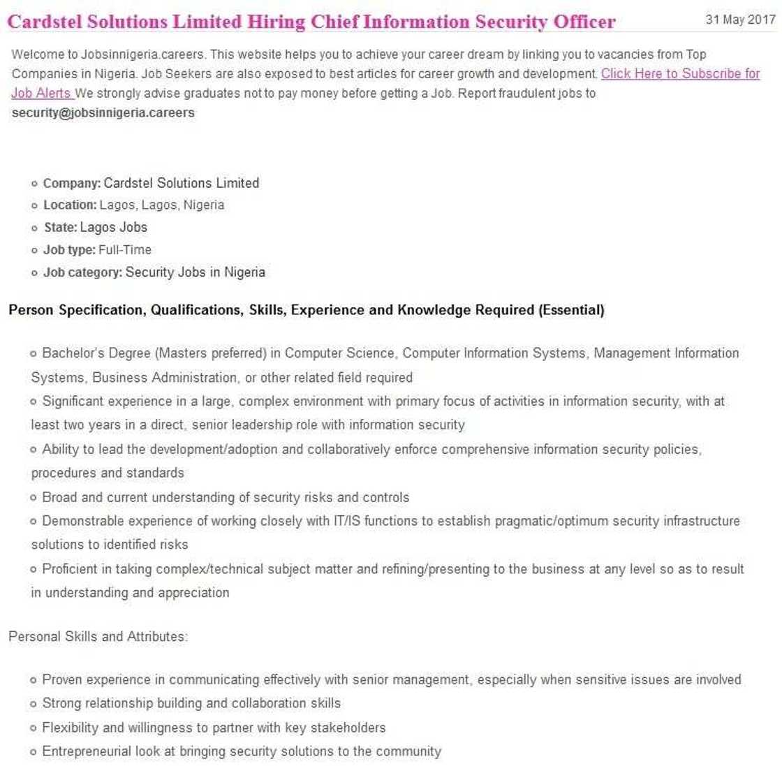 Cardstel Solutions Limited Hiring Chief Information Security Officer