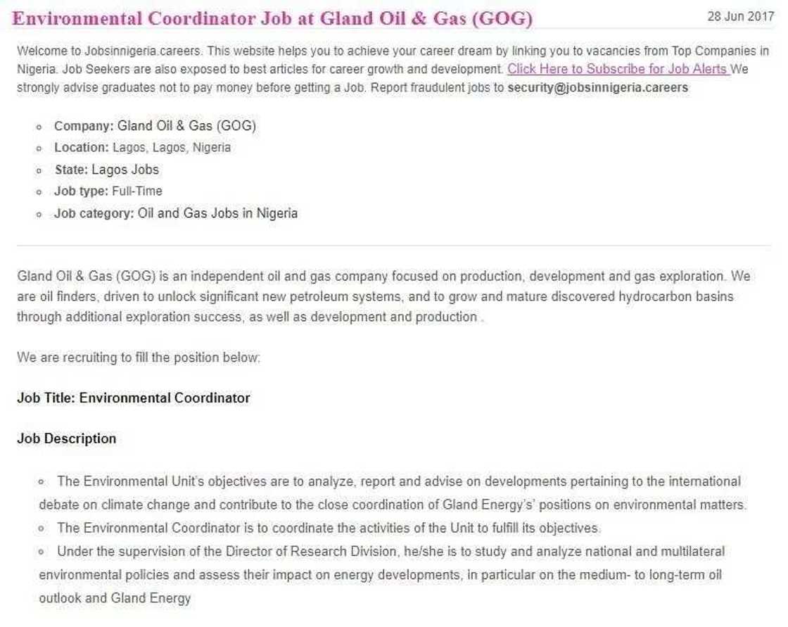 Environmental Coordinator, Gland Oil and Gas Environmental Coordinator, Gland Oil and Gas