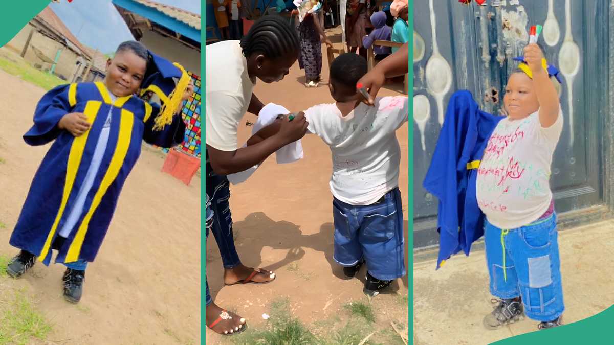 Like university graduates, little boy signs out from nursery 2 in white shirt