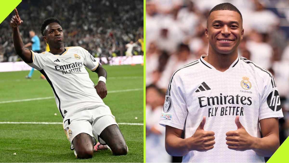 Vinicius Jr reacts after Real Madrid unveils new Galactico signing Kylian Mbappe