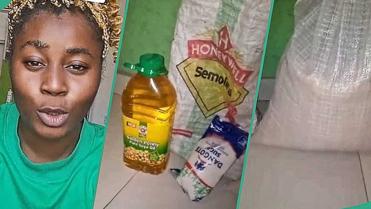 Watch video as emotional lady showcases the foodstuffs her dad bought for her