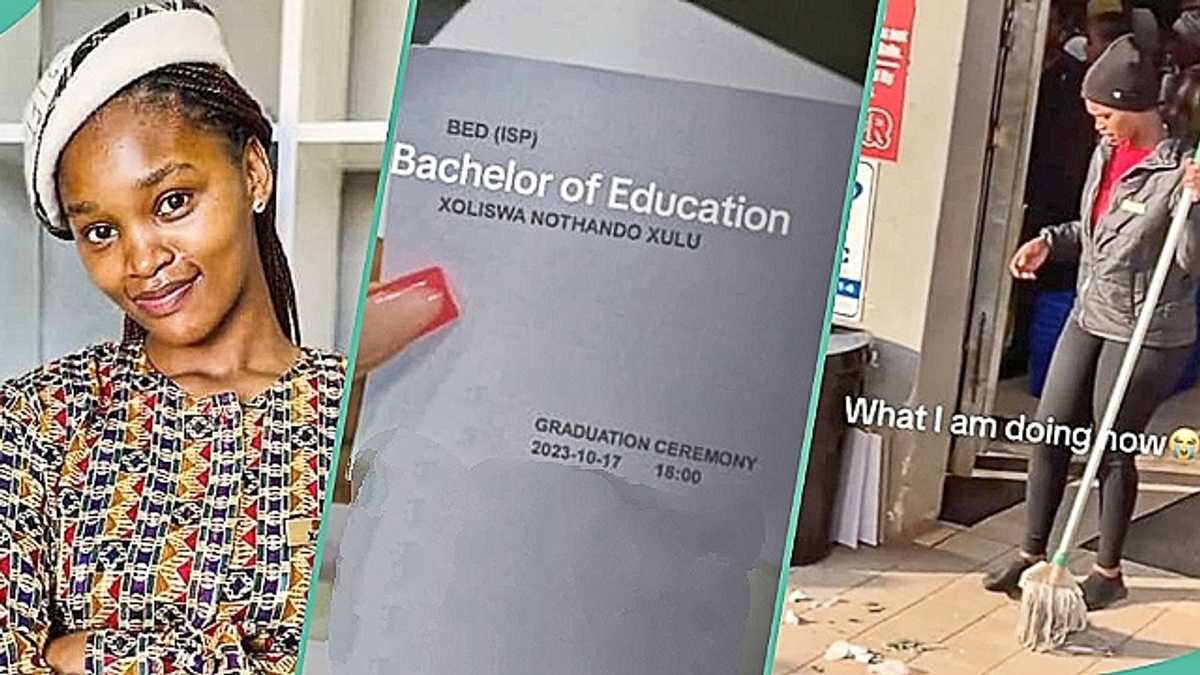 Female cleaner shows off her certificate from school, people react to clip