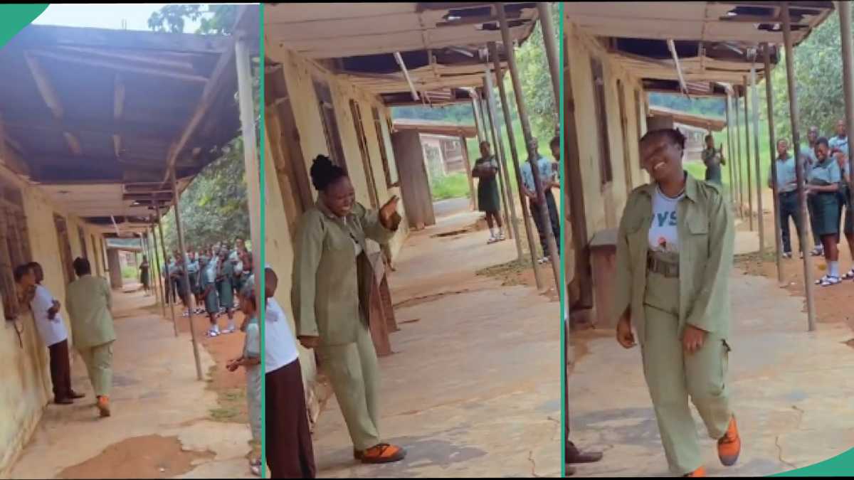 Shy female corper struggles to speak to pupils on assembly ground, covers her face in video