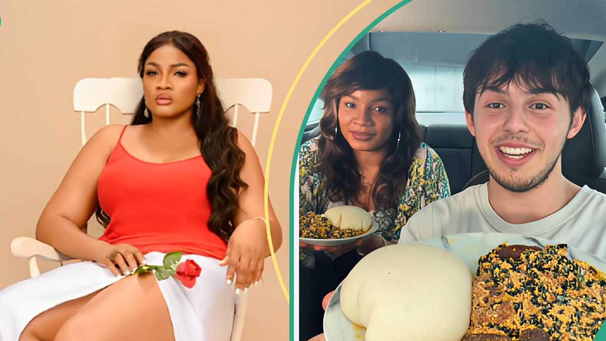 “No fork”: Lovely moment as Omotola Jalade teaches Oyinbo man how to eat pounded yam