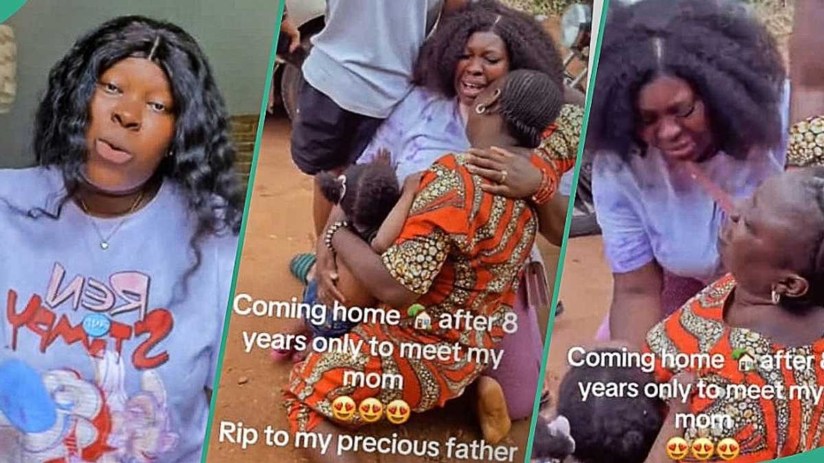 Lady returns home after 8 years, finds out dad died, hugs mum in tears