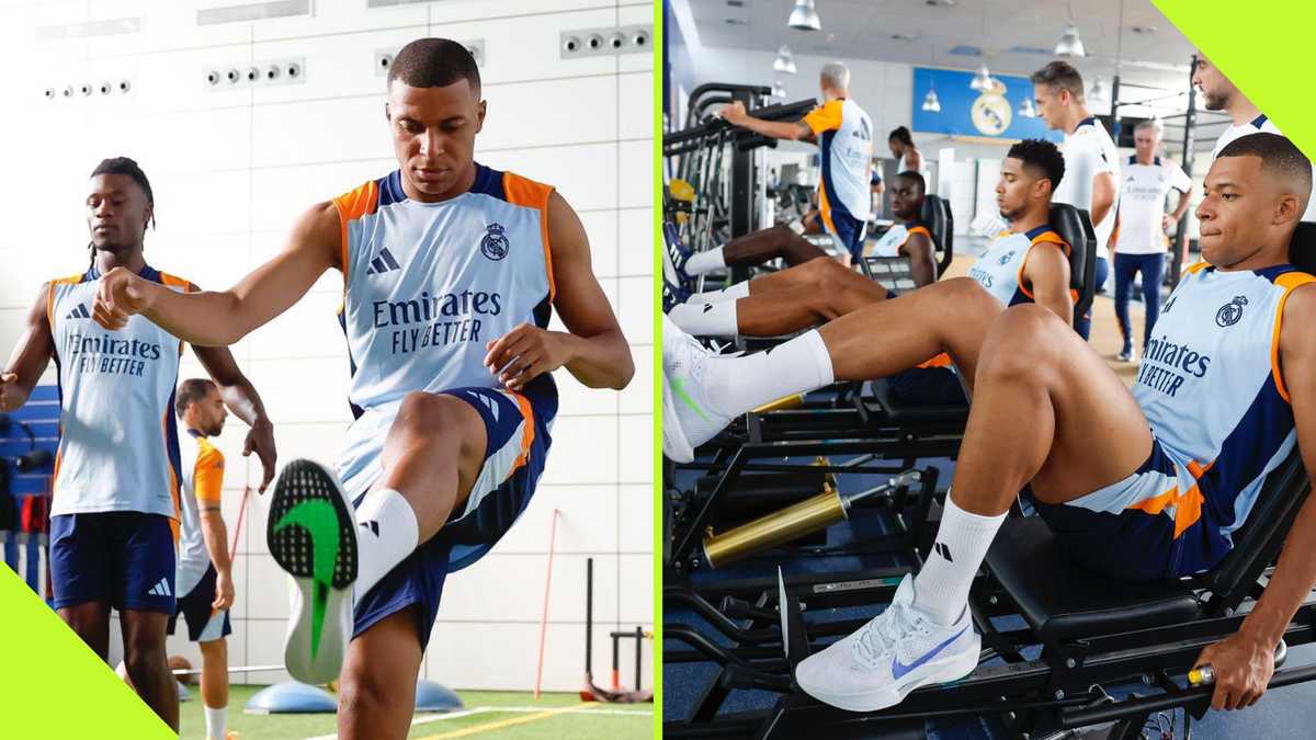 Kylian Mbappe reacts after training with Real Madrid for the 1st time