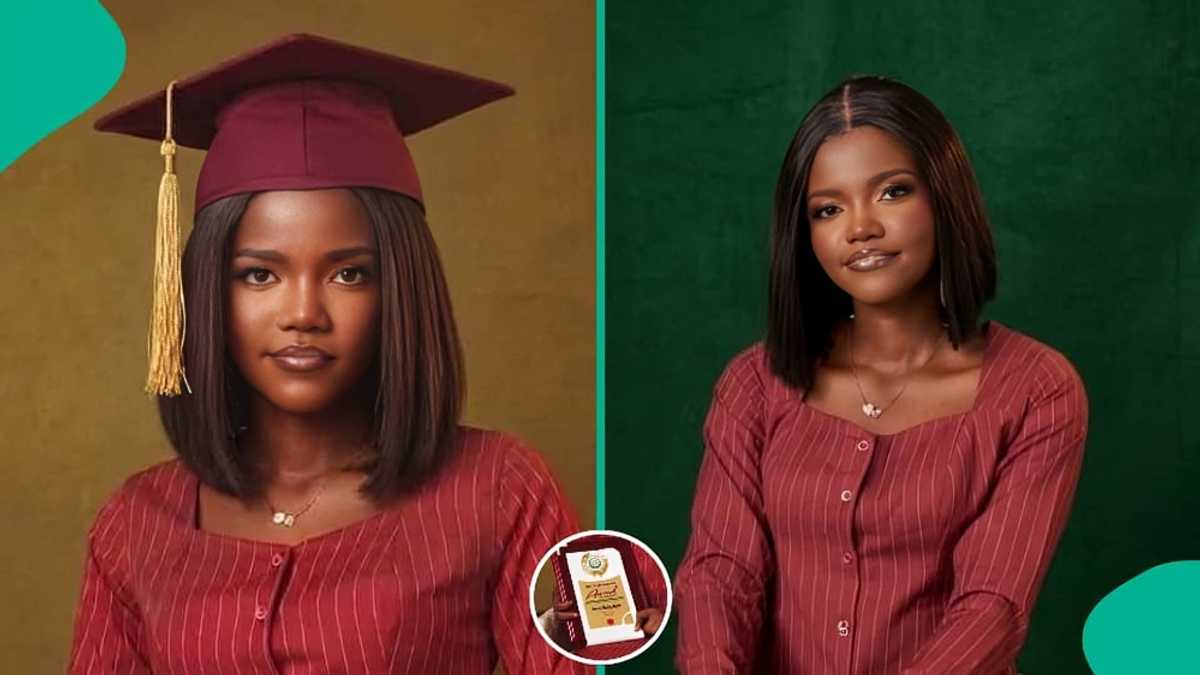 Young lady who prioritised school over work bags First Class in French and International Studies, displays award