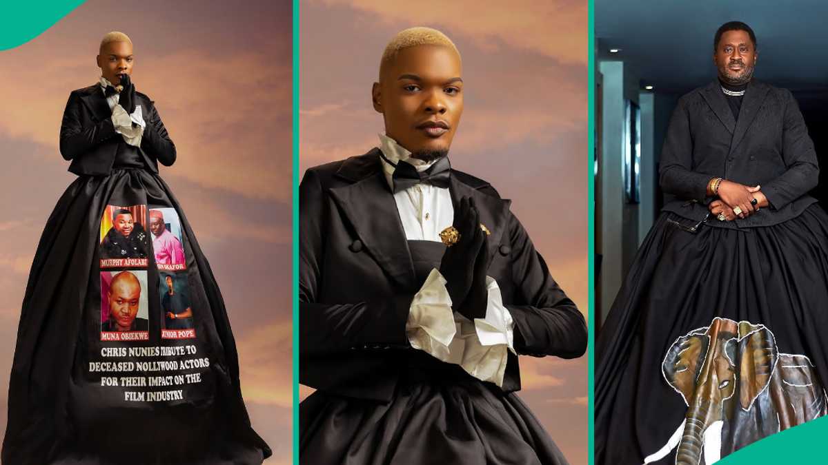 "Not like Desmond Elliot": Model honours Mr Ibu, Junior Pope, other late actors with outfit at AMVCA