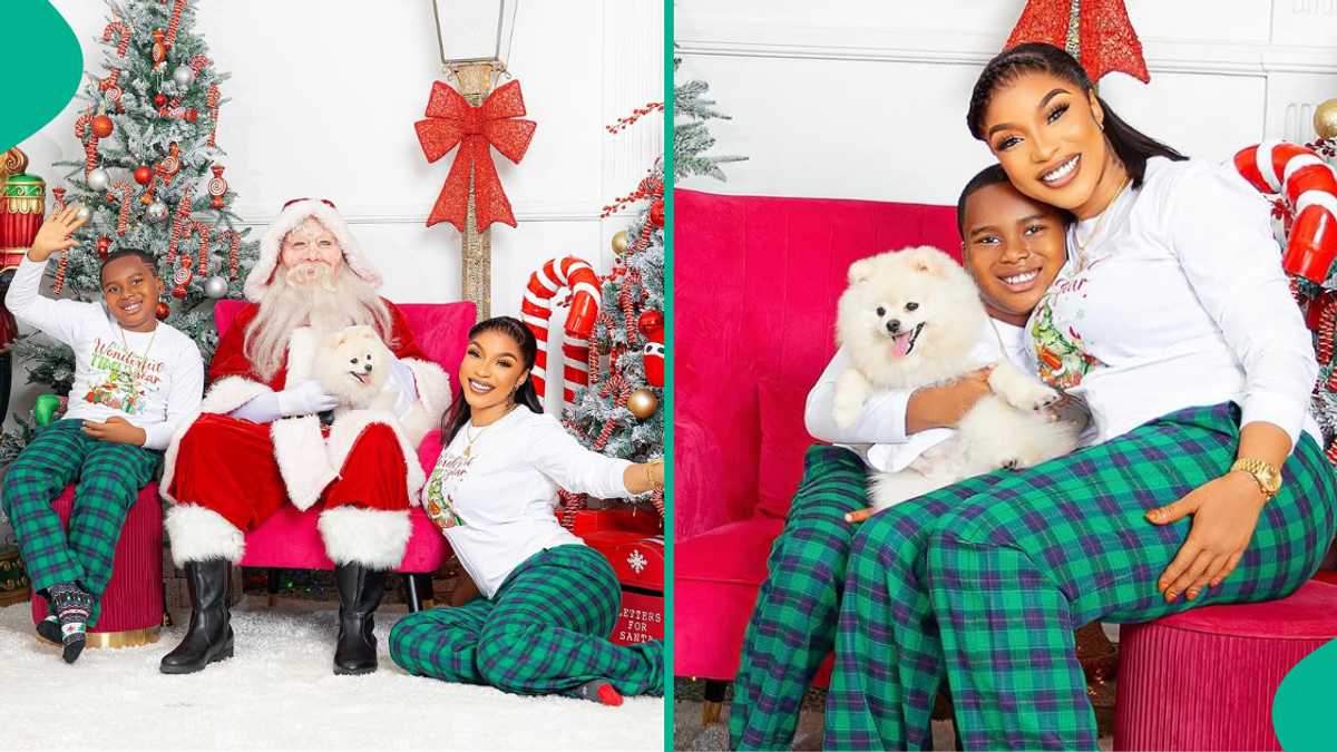 Christmas: Tonto Dikeh hosts Santa Claus at her home for her son and his 'brother,' shares pics