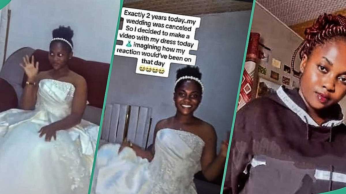 Watch emotional video as lady whose wedding was cancelled 2 years ago rocks wedding gown at home