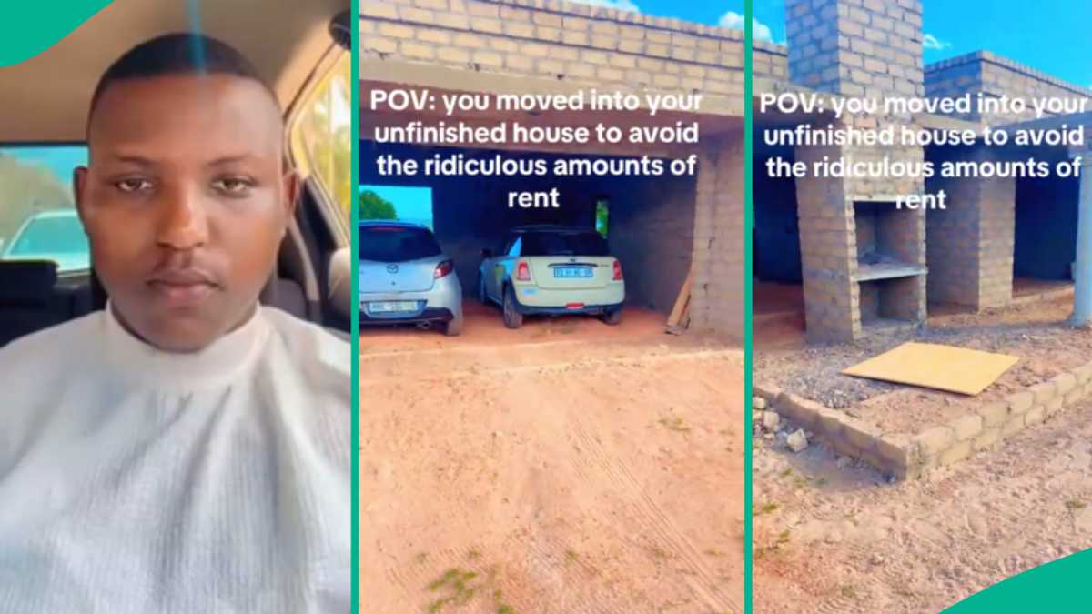 Man with cars parks into his uncompleted house, shows off outside his building