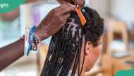 Lady takes boyfriend to salon to pamper her while braiding her hair, video trends online