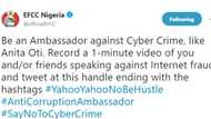 EFCC hails lady who shared a video of herself fighting against cyber crime, charges Nigerians to be like her