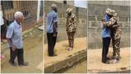 Emotional moment female soldier marched towards her grandpa, he welcomes her in military way, salutes