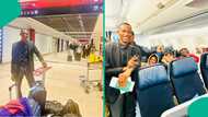 First-class graduate celebrates entering aeroplane for first time as he flies to Germany for studies