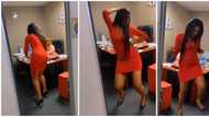 Pretty lady in heels stuns her boss as she shows off sweet dance moves at the office in viral video