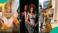 JP25: Guest’s ‘armour’ outfit at Priscy, Juma's wedding causes uproar, Nigerians storm tailor’s page