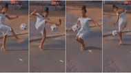 Stunning young lady in heels juggles ball flawlessly in cute video, her skills amaze many as clip go viral
